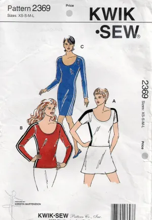 Kwik Sew 2369 Womens Stretch Fitted Dress & Tops 1990s Vintage Sewing Pattern Size XS - L UNCUT Factory Folded