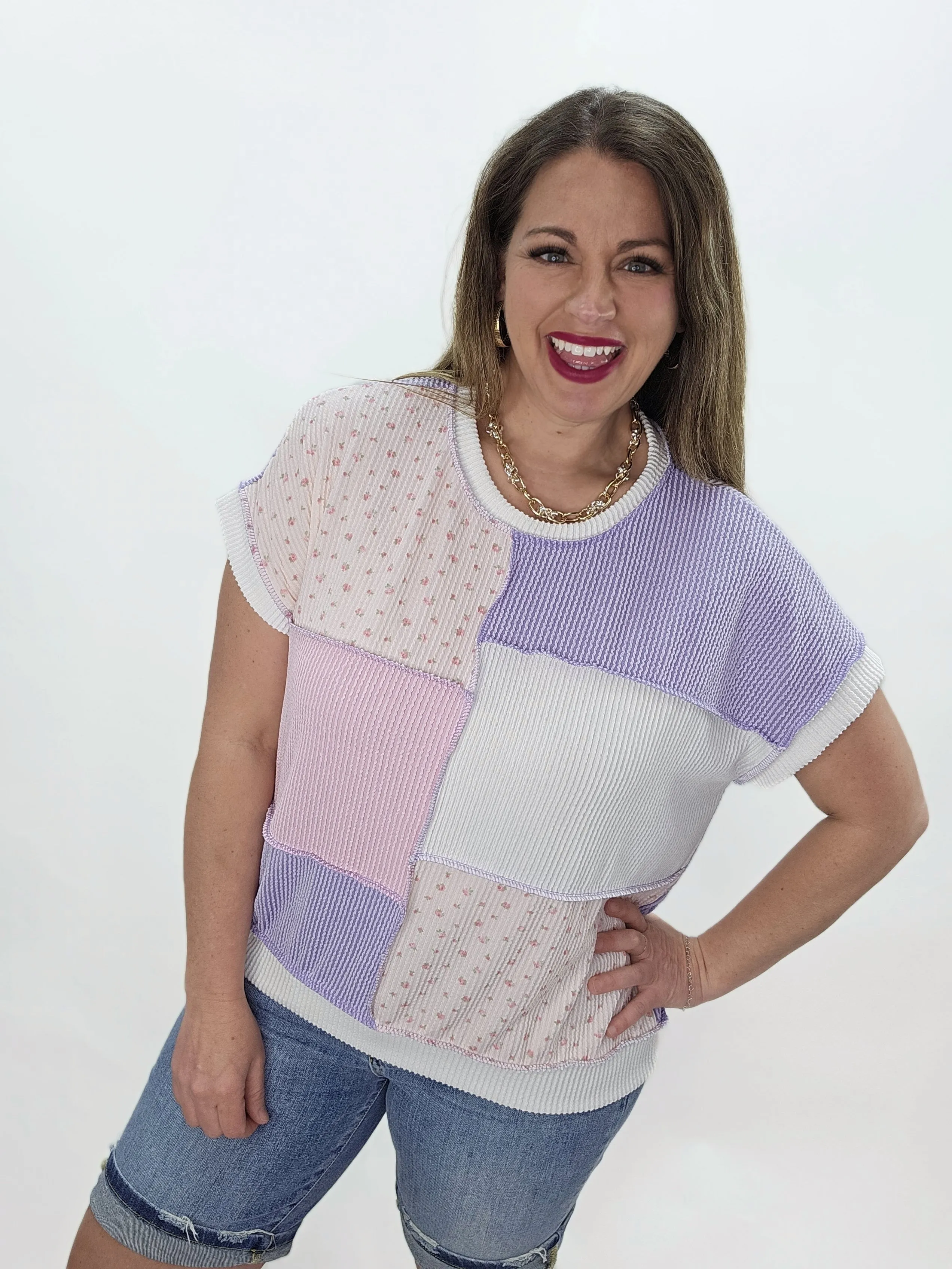LAVENDER/PINK PATCHWORK RAISED RIBBED KNIT TOP