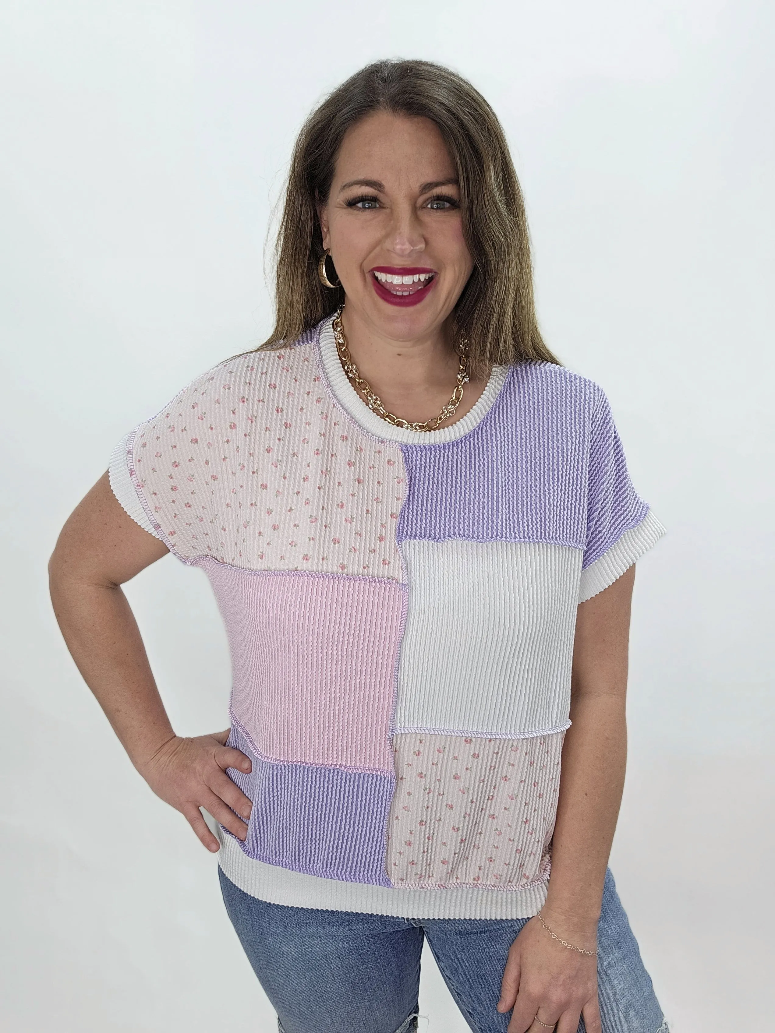 LAVENDER/PINK PATCHWORK RAISED RIBBED KNIT TOP