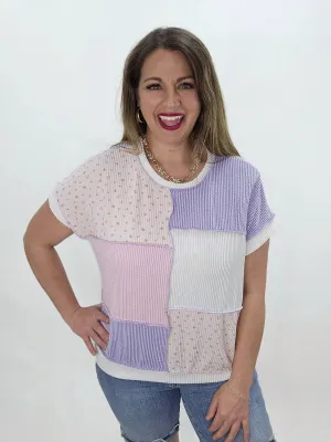 LAVENDER/PINK PATCHWORK RAISED RIBBED KNIT TOP