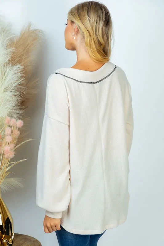 Long Sleeve Solid Knit Top , White Birch (plus only)