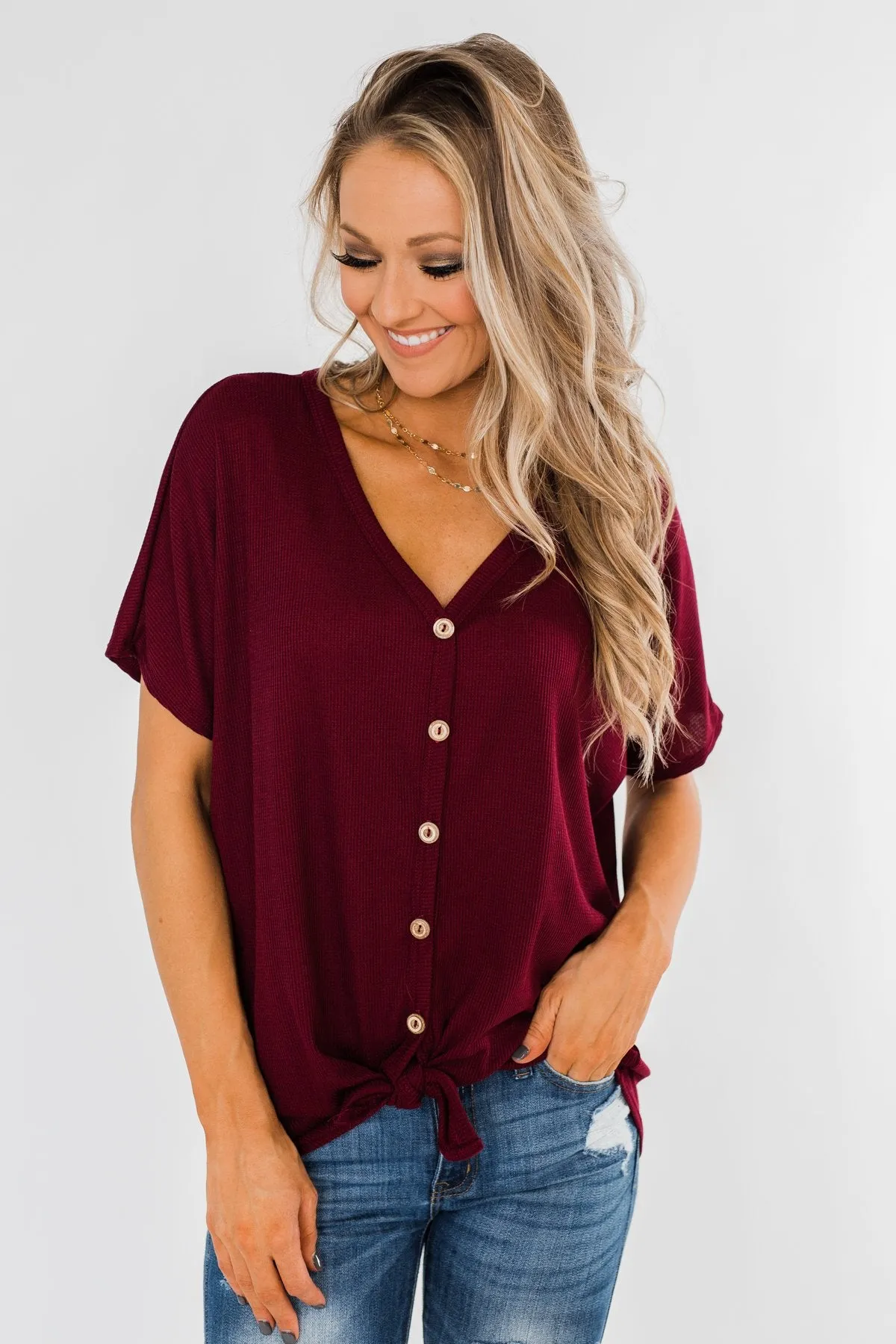 Looking Good Thermal Short Sleeve Top- Burgundy