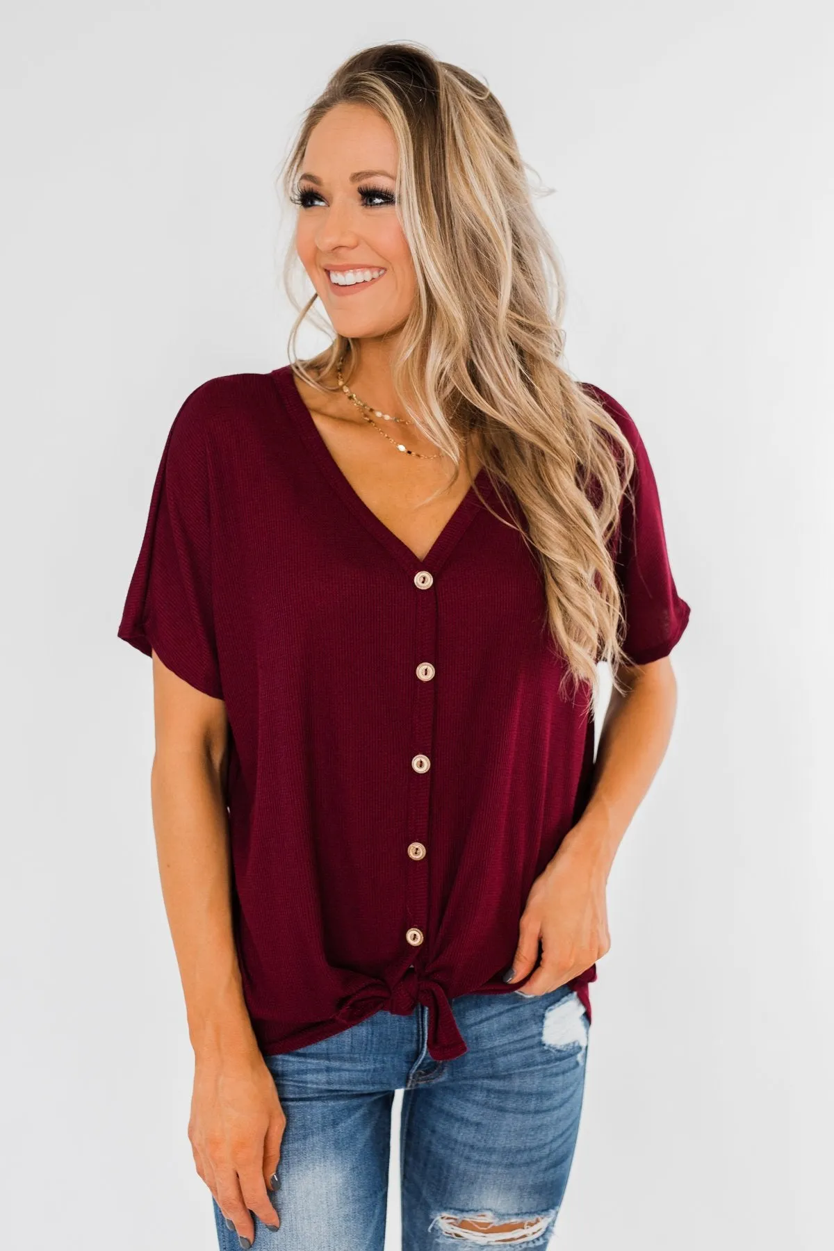 Looking Good Thermal Short Sleeve Top- Burgundy