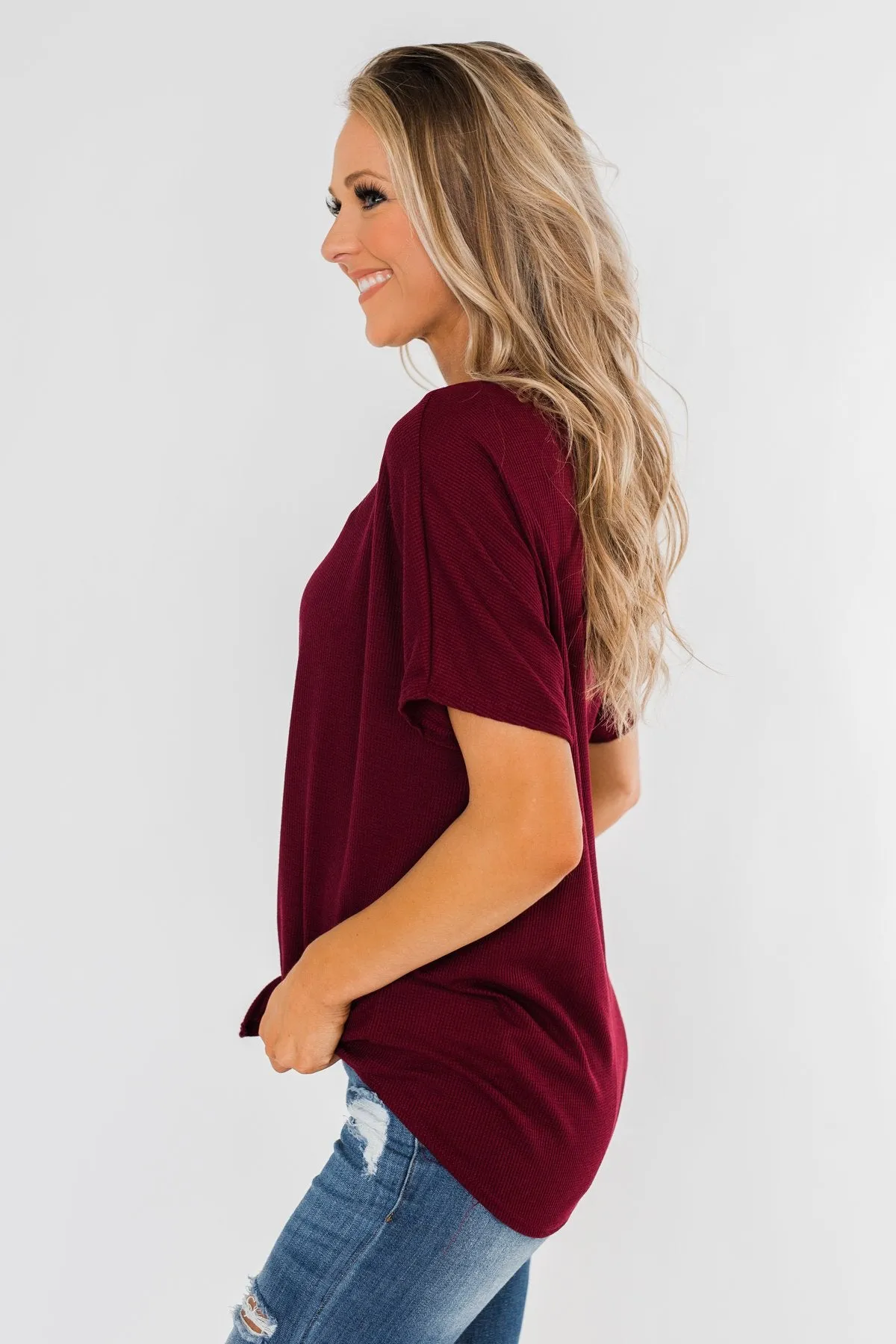 Looking Good Thermal Short Sleeve Top- Burgundy