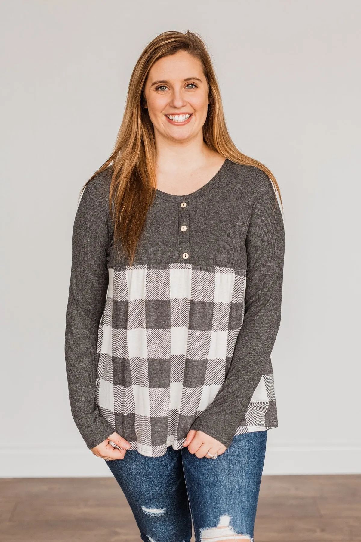 Loving Every Second Plaid Babydoll Top- Charcoal