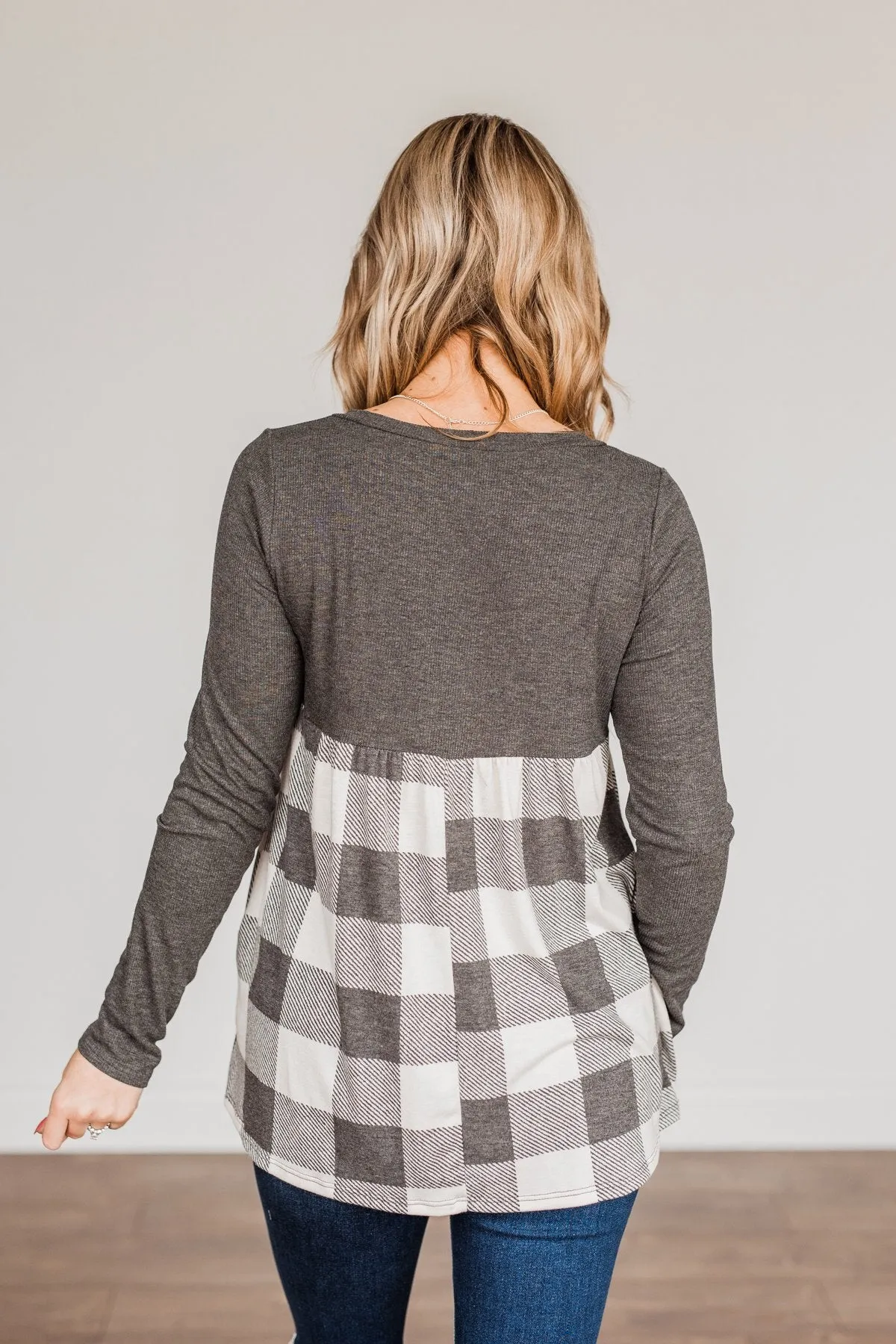 Loving Every Second Plaid Babydoll Top- Charcoal
