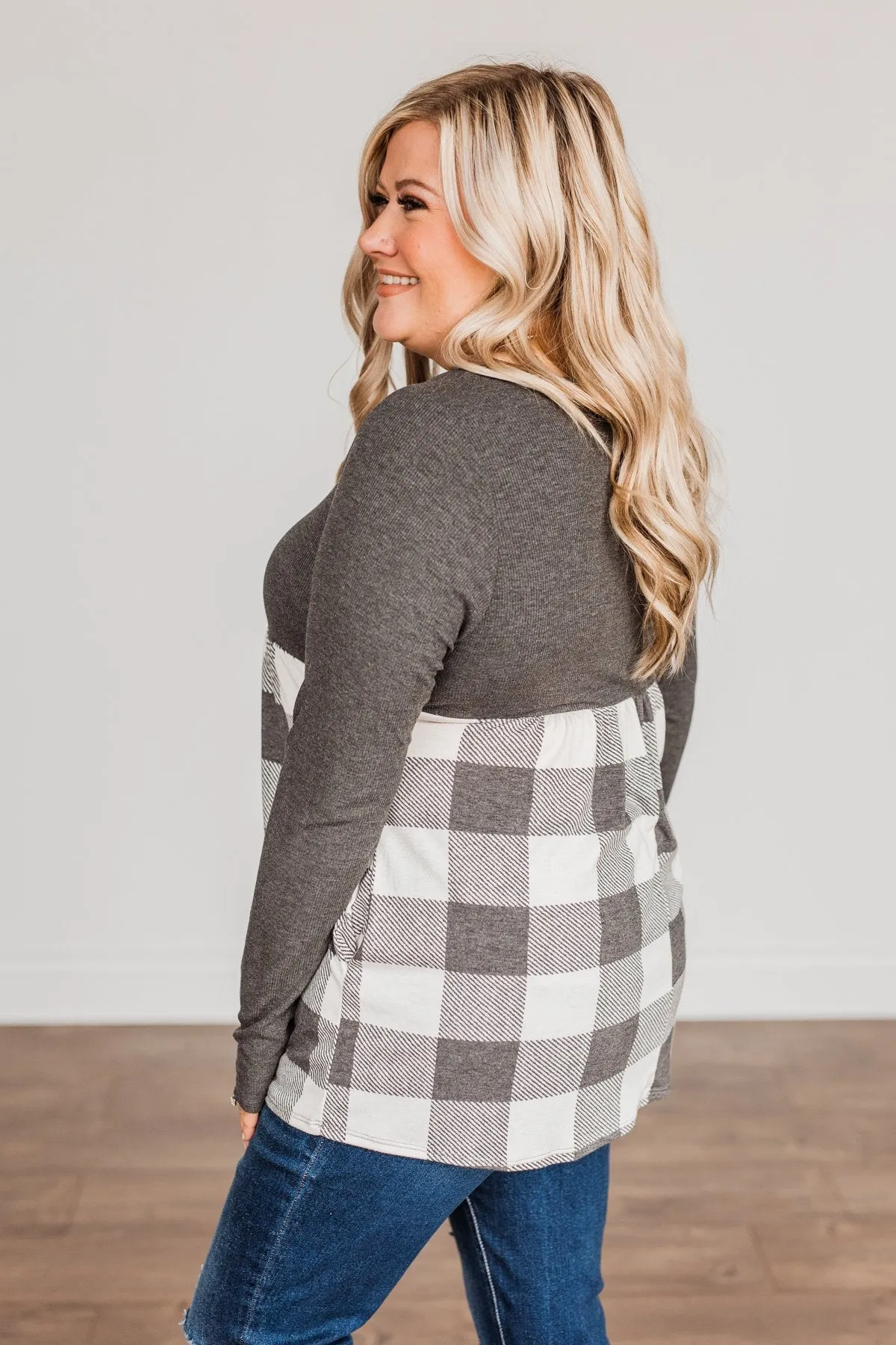 Loving Every Second Plaid Babydoll Top- Charcoal
