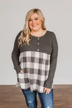 Loving Every Second Plaid Babydoll Top- Charcoal