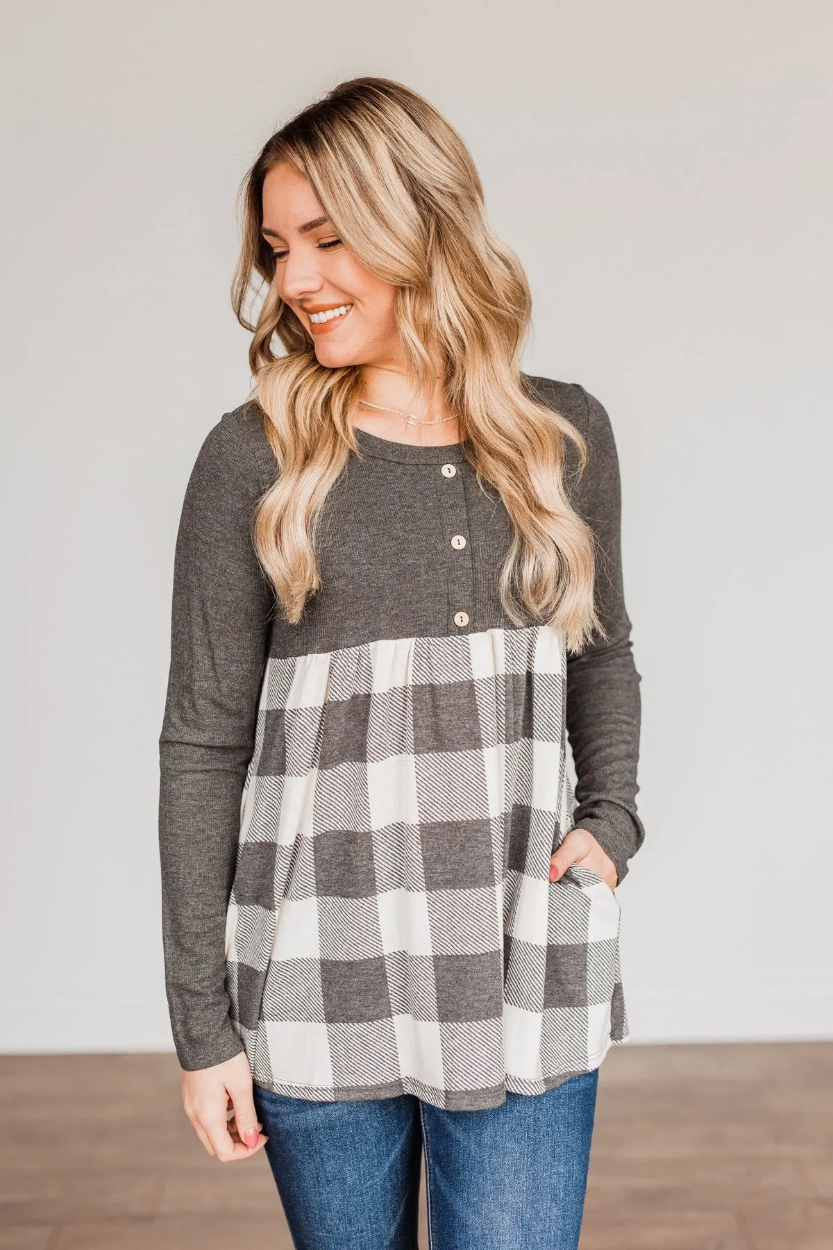 Loving Every Second Plaid Babydoll Top- Charcoal