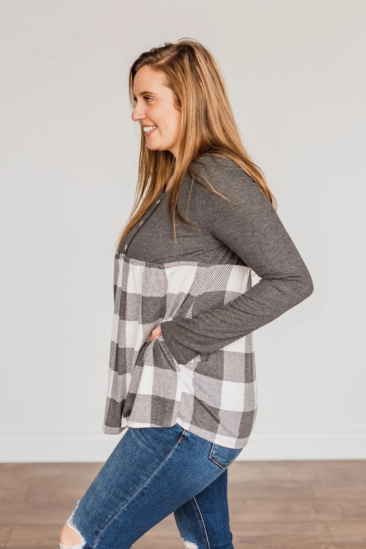 Loving Every Second Plaid Babydoll Top- Charcoal