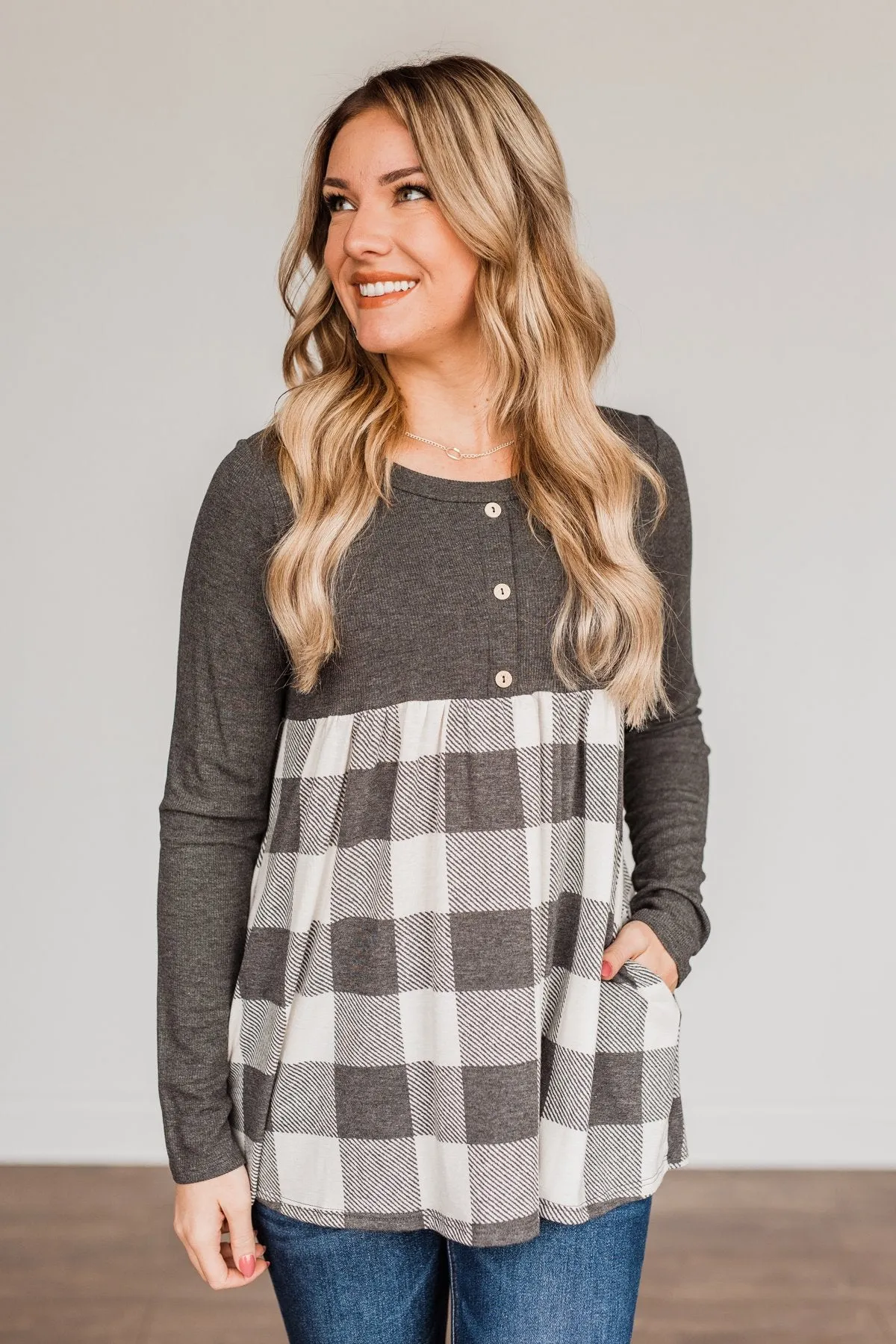 Loving Every Second Plaid Babydoll Top- Charcoal