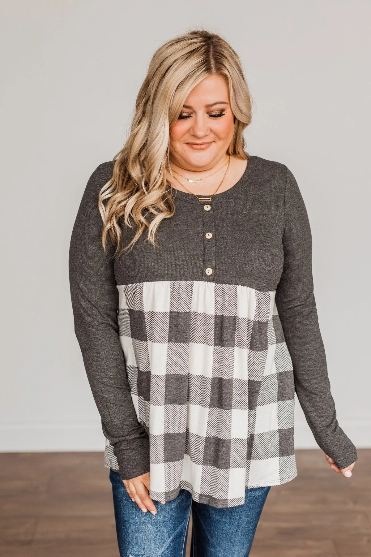 Loving Every Second Plaid Babydoll Top- Charcoal