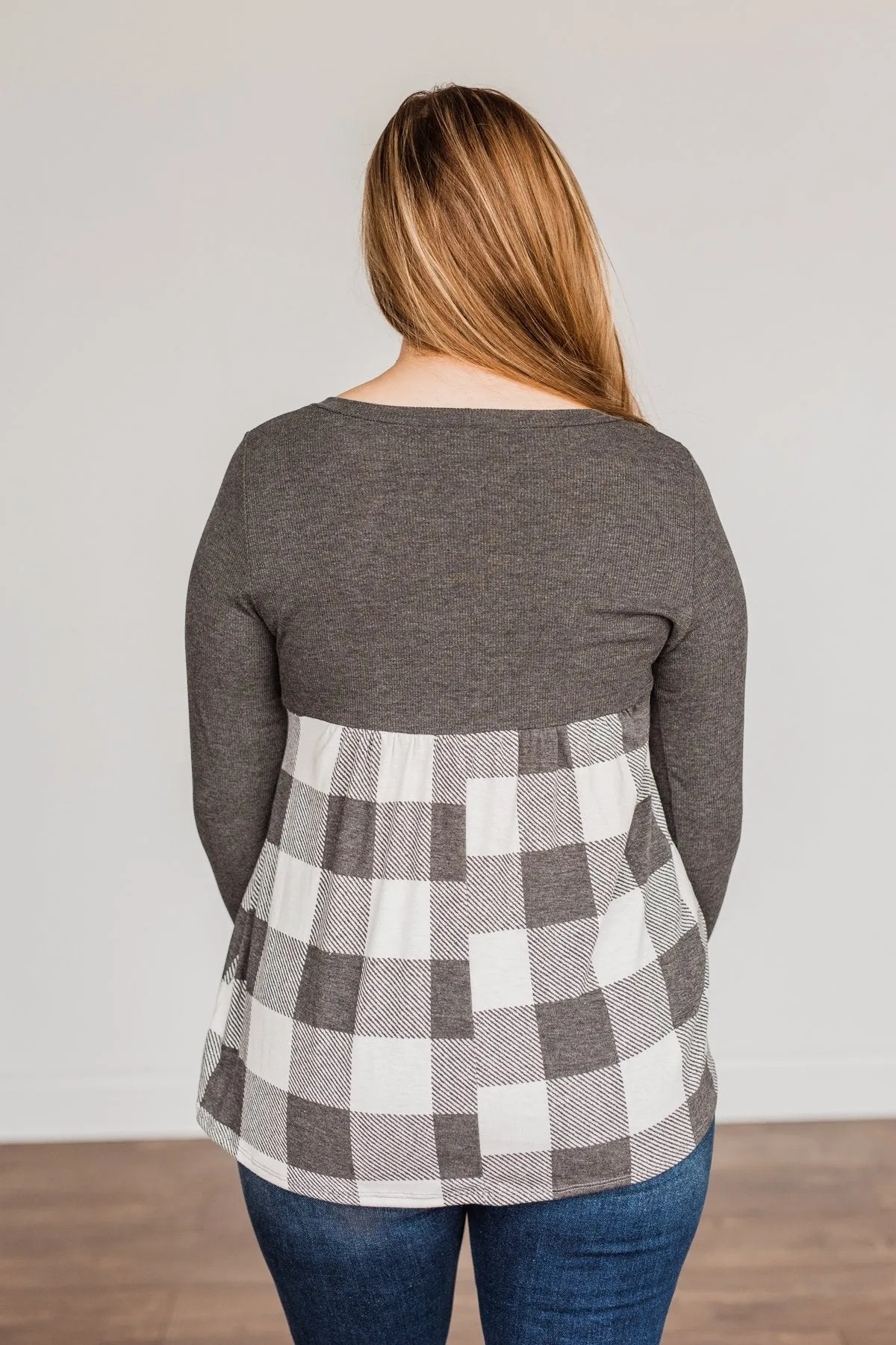 Loving Every Second Plaid Babydoll Top- Charcoal