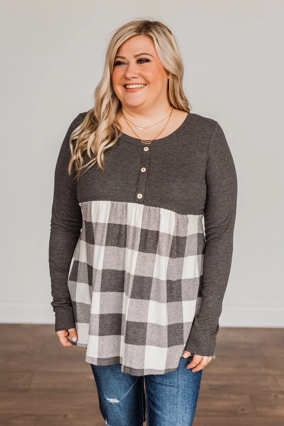 Loving Every Second Plaid Babydoll Top- Charcoal