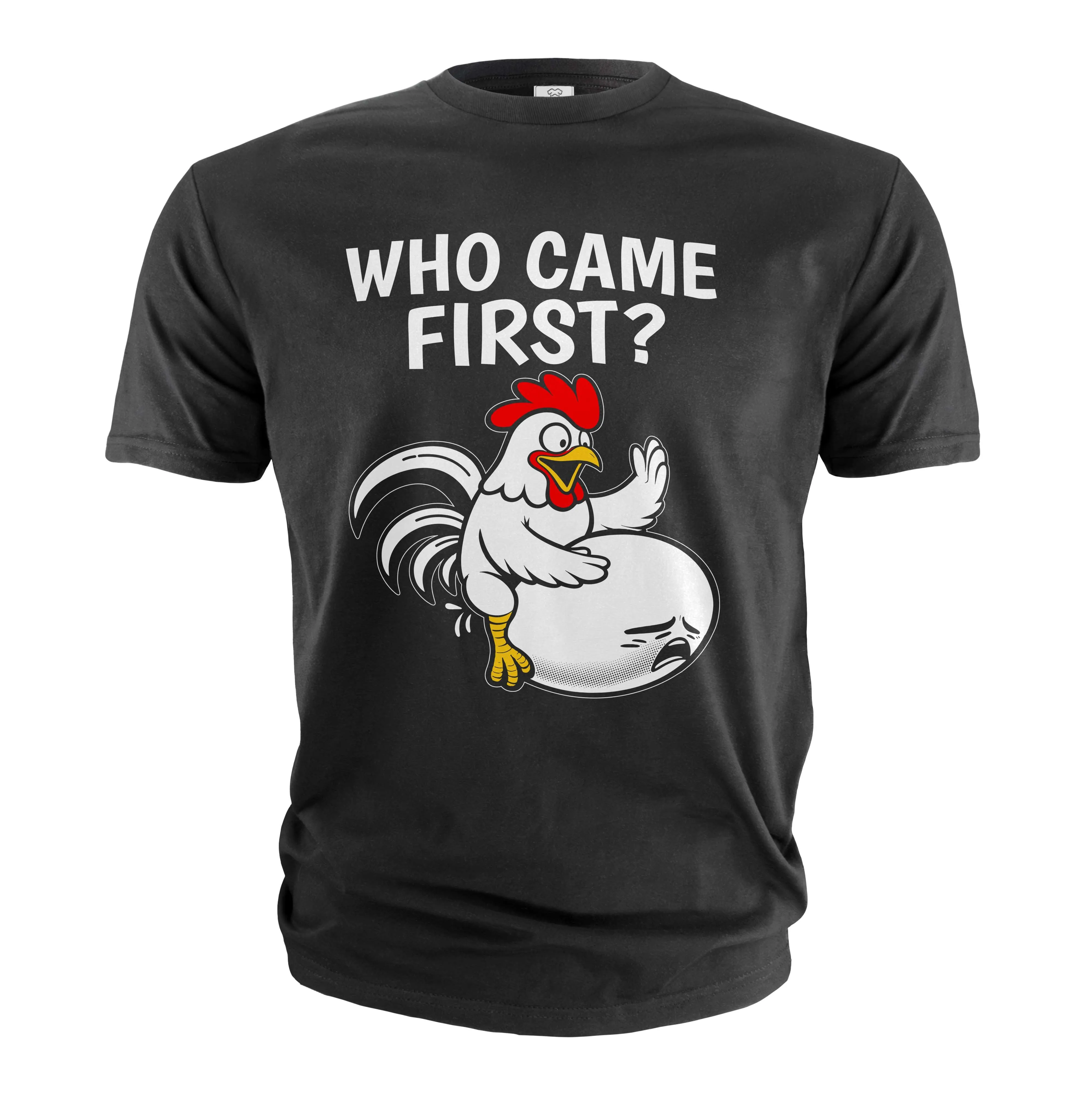 Men's Funny humorous T-shirt who came first classic chicken and egg dilemma adult shirt