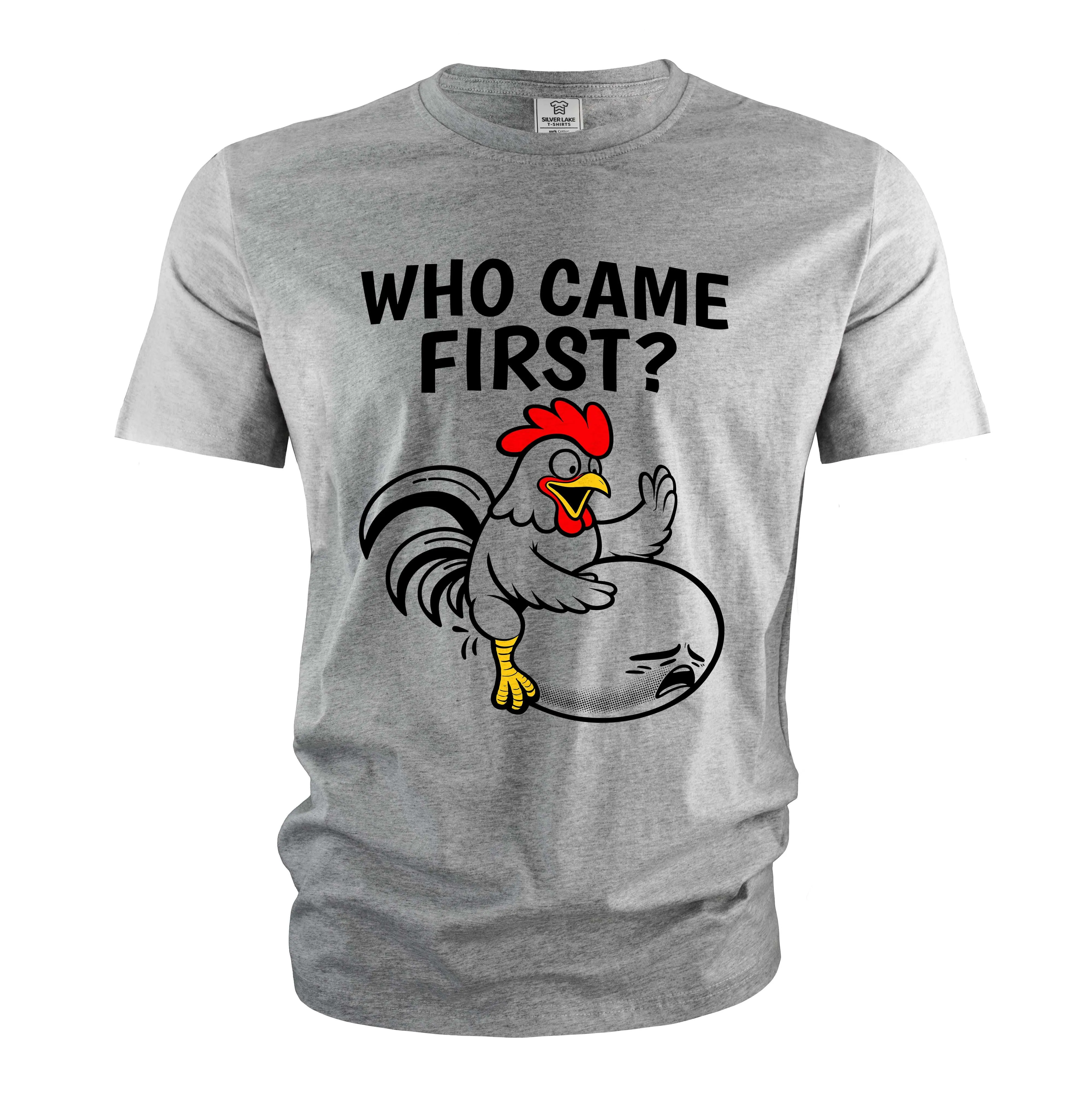 Men's Funny humorous T-shirt who came first classic chicken and egg dilemma adult shirt