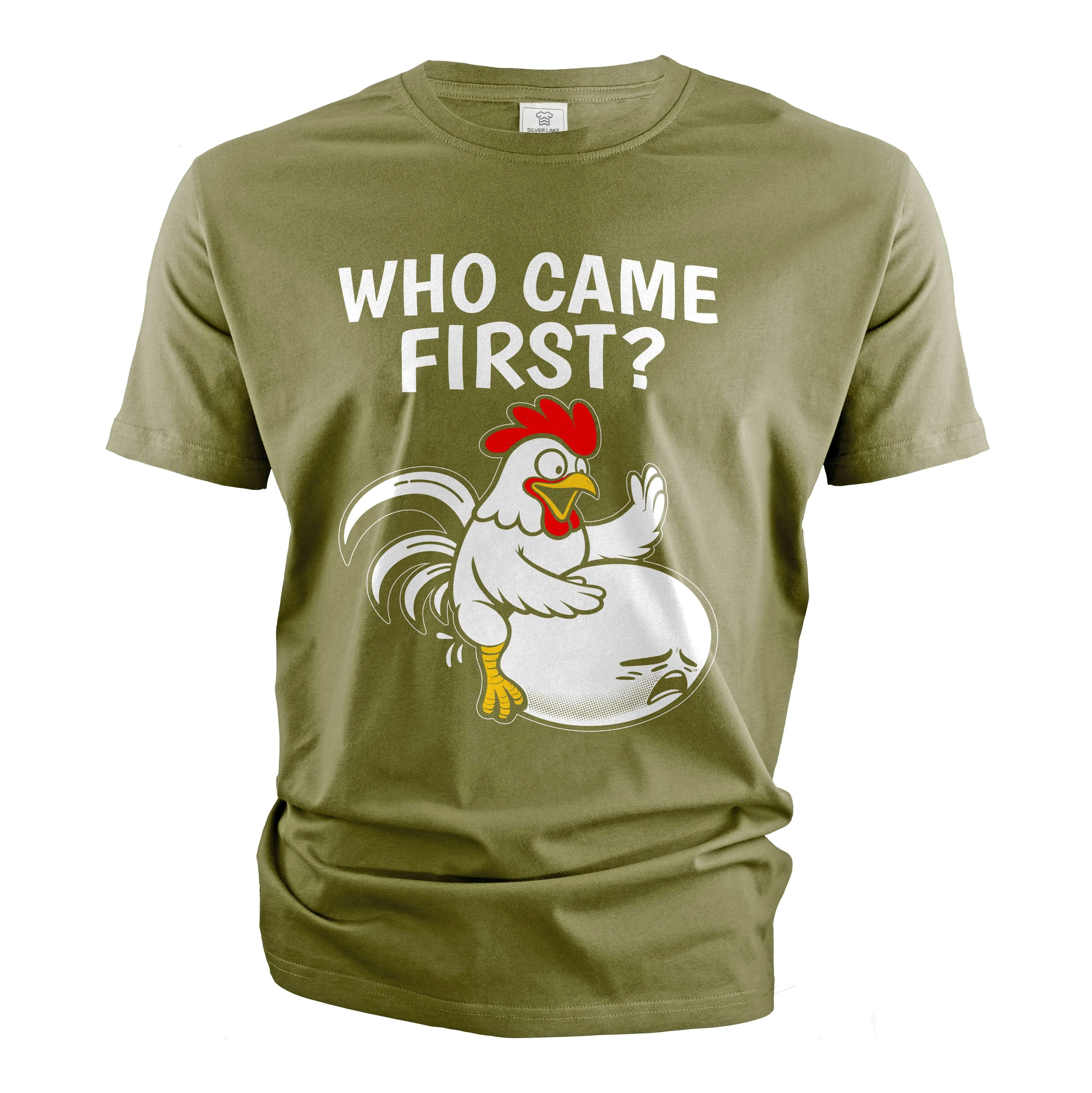 Men's Funny humorous T-shirt who came first classic chicken and egg dilemma adult shirt