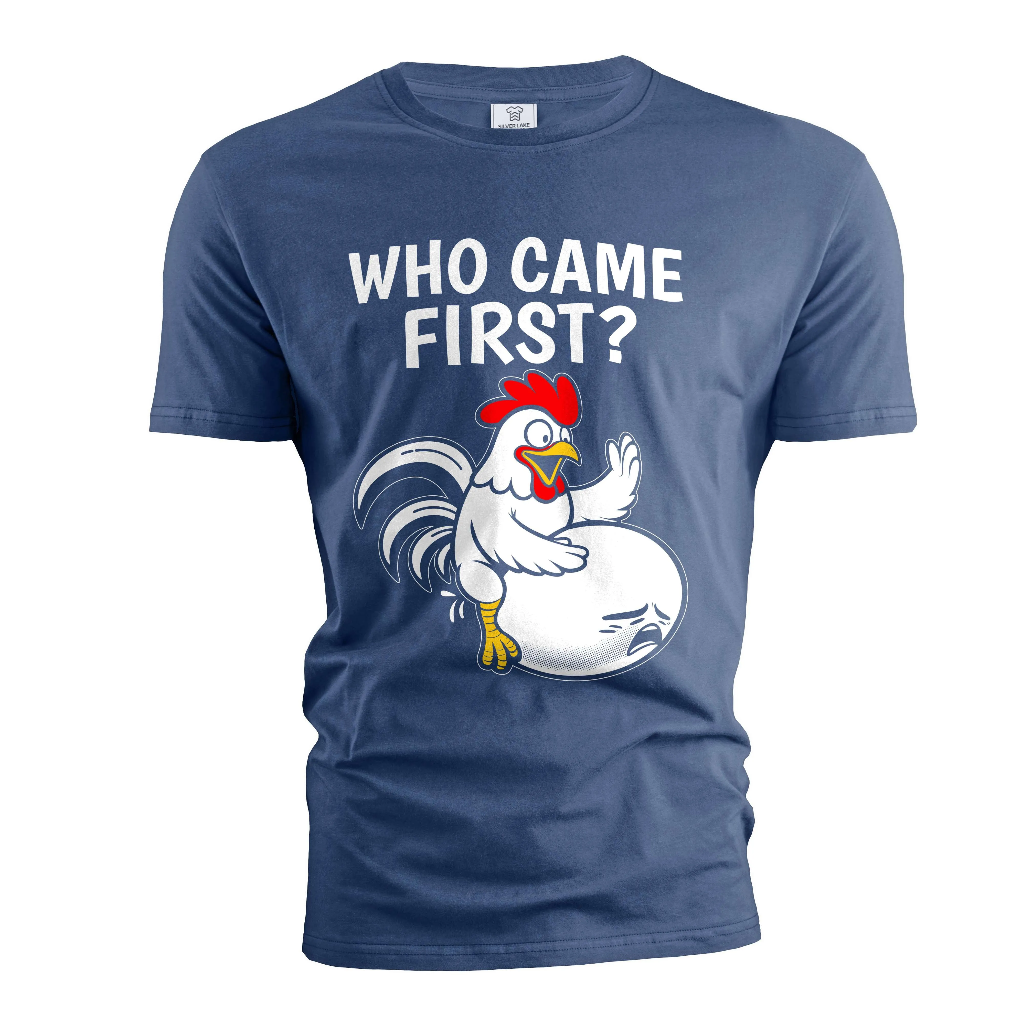 Men's Funny humorous T-shirt who came first classic chicken and egg dilemma adult shirt