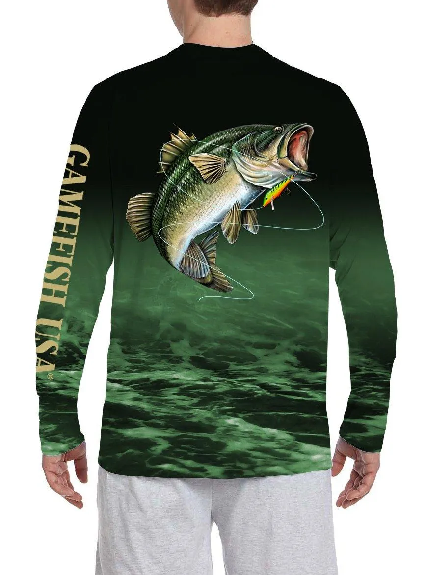 Men's UPF 50 Long Sleeve All Over Print Performance Fishing Shirt Bass