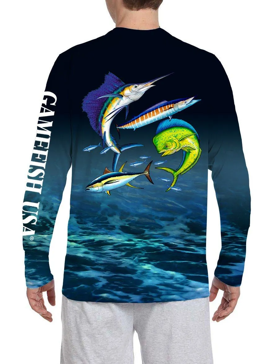 Men's UPF 50 Long Sleeve All Over Print Performance Fishing Shirt Gamefish