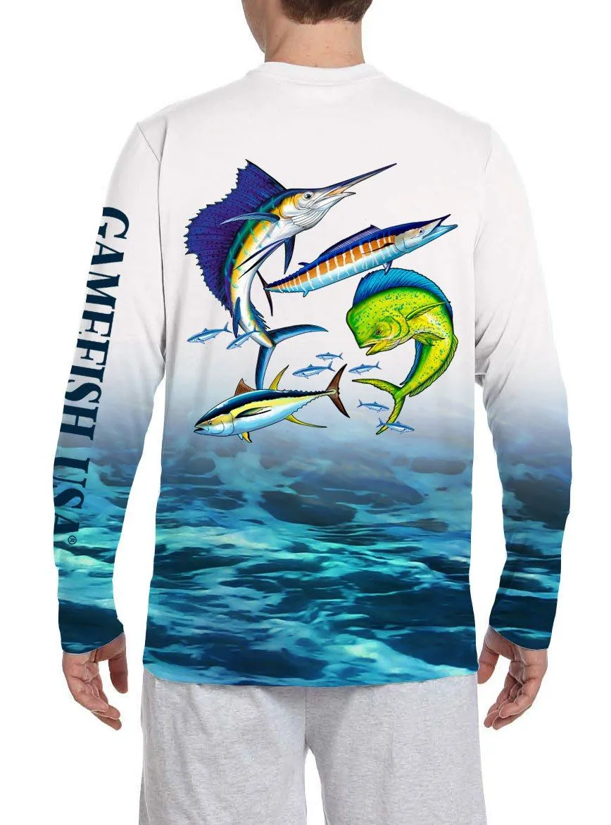 Men's UPF 50 Long Sleeve All Over Print Performance Fishing Shirt Gamefish
