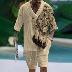 Men's V-Neck Luxurious Textured Lion Print Shorts Set