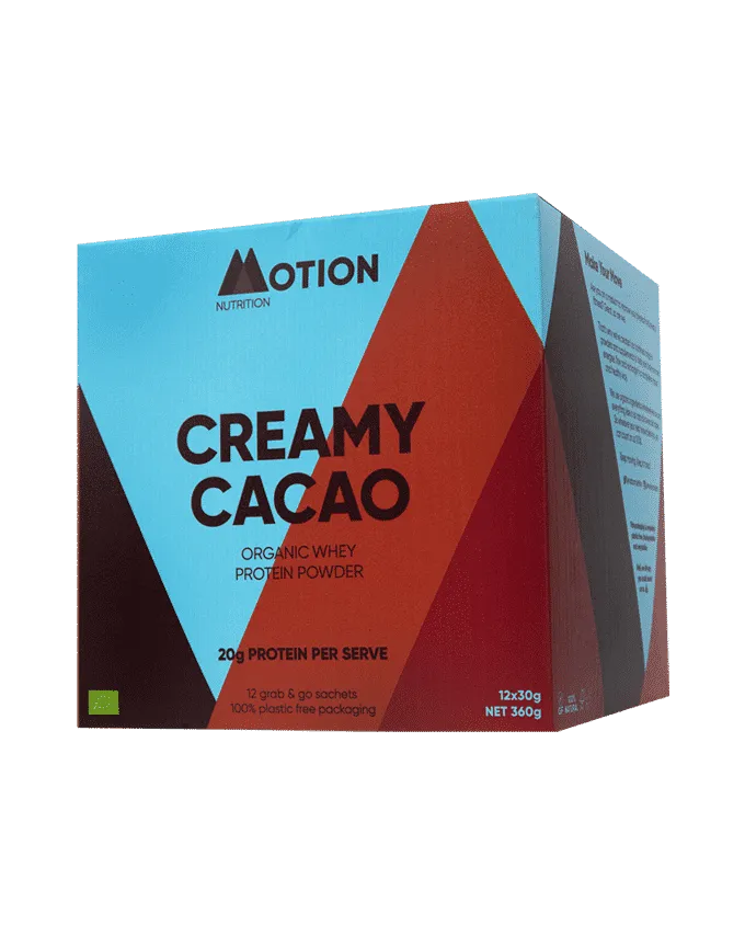 Motion Nutrition Creamy Cacao Organic Whey Protein Powder 12 x 30g