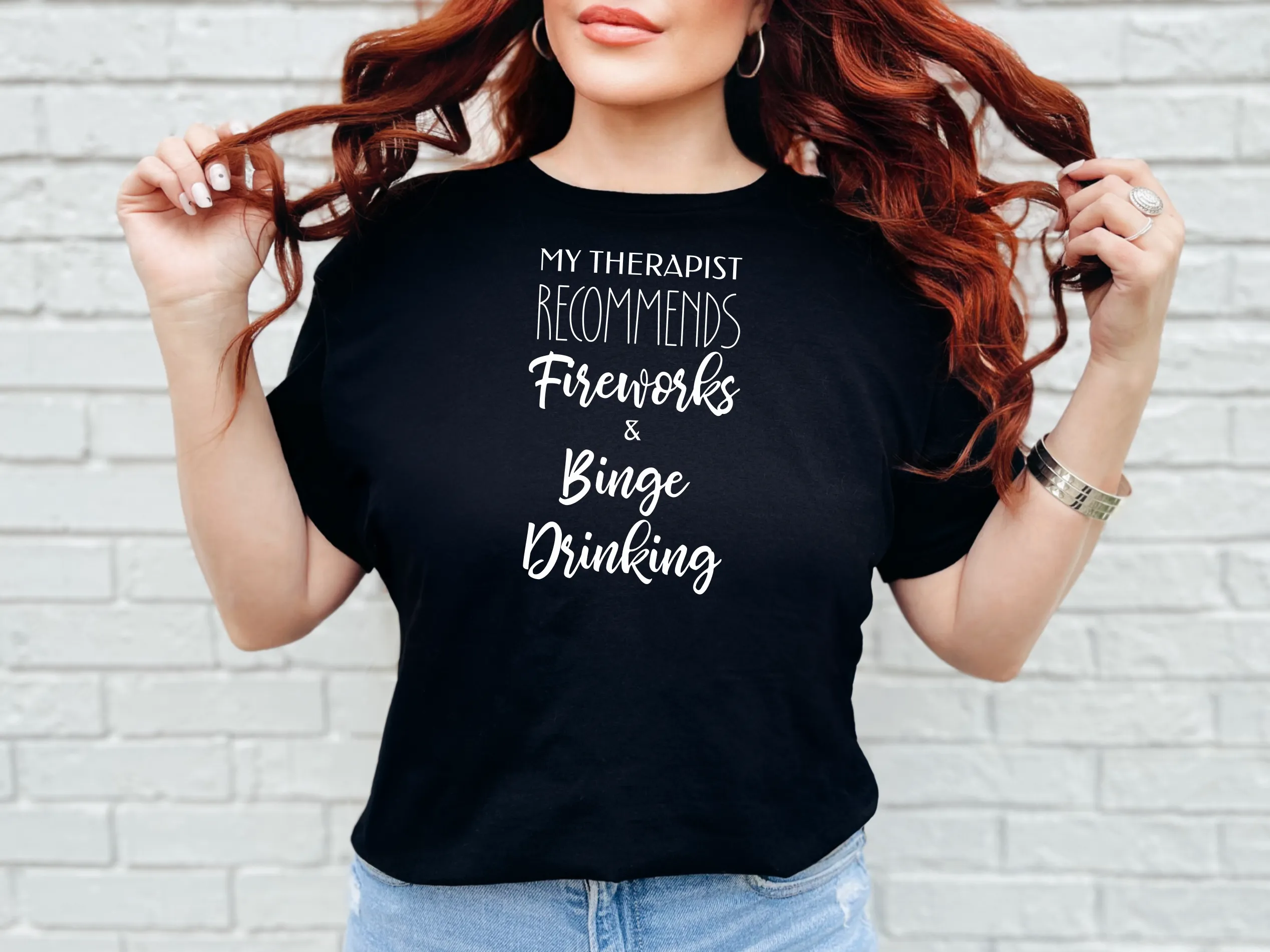 My Therapist Recommends Fireworks and Binge Drinking Cotton Unisex Funny T-Shirt
