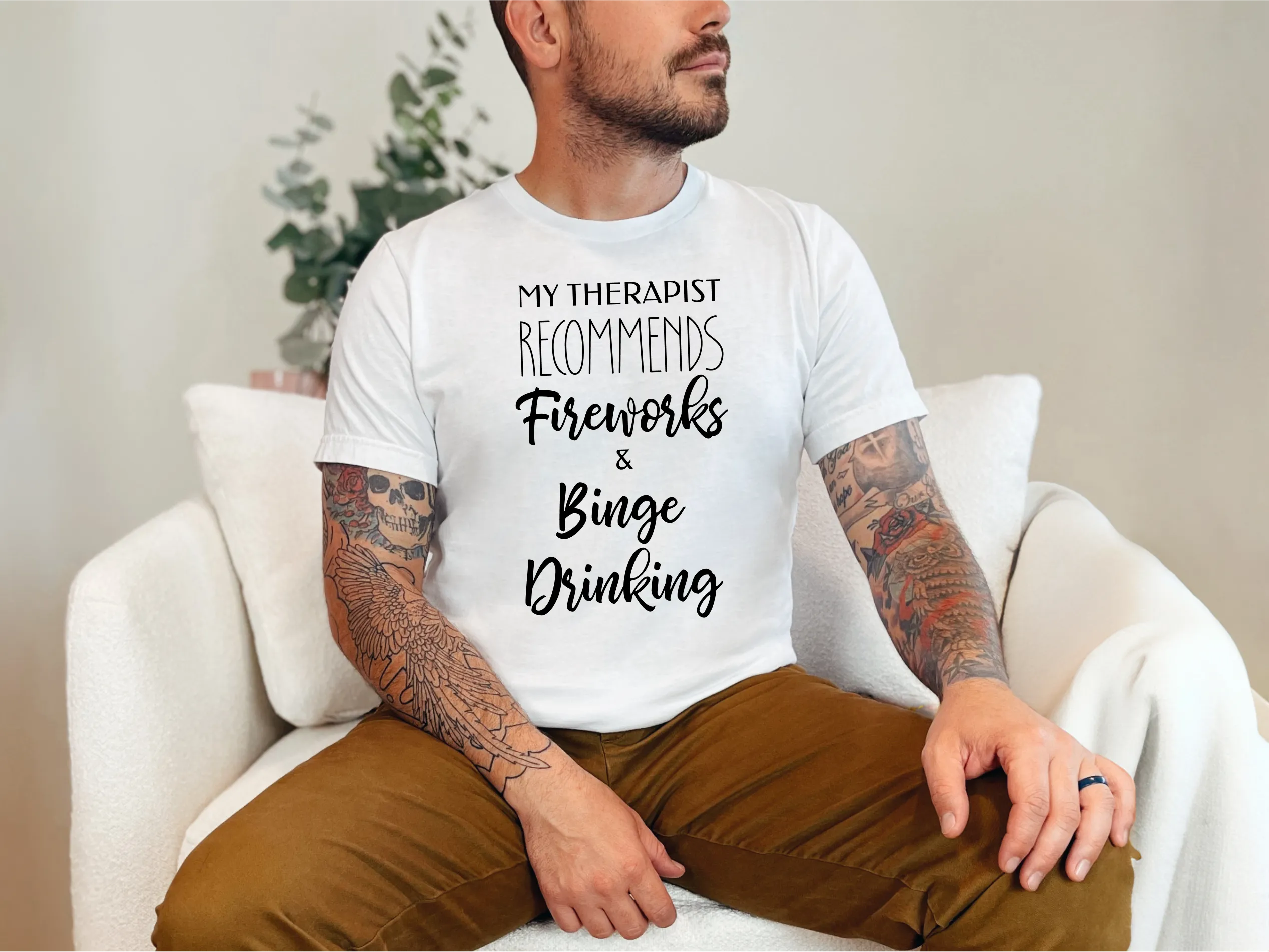 My Therapist Recommends Fireworks and Binge Drinking Cotton Unisex Funny T-Shirt