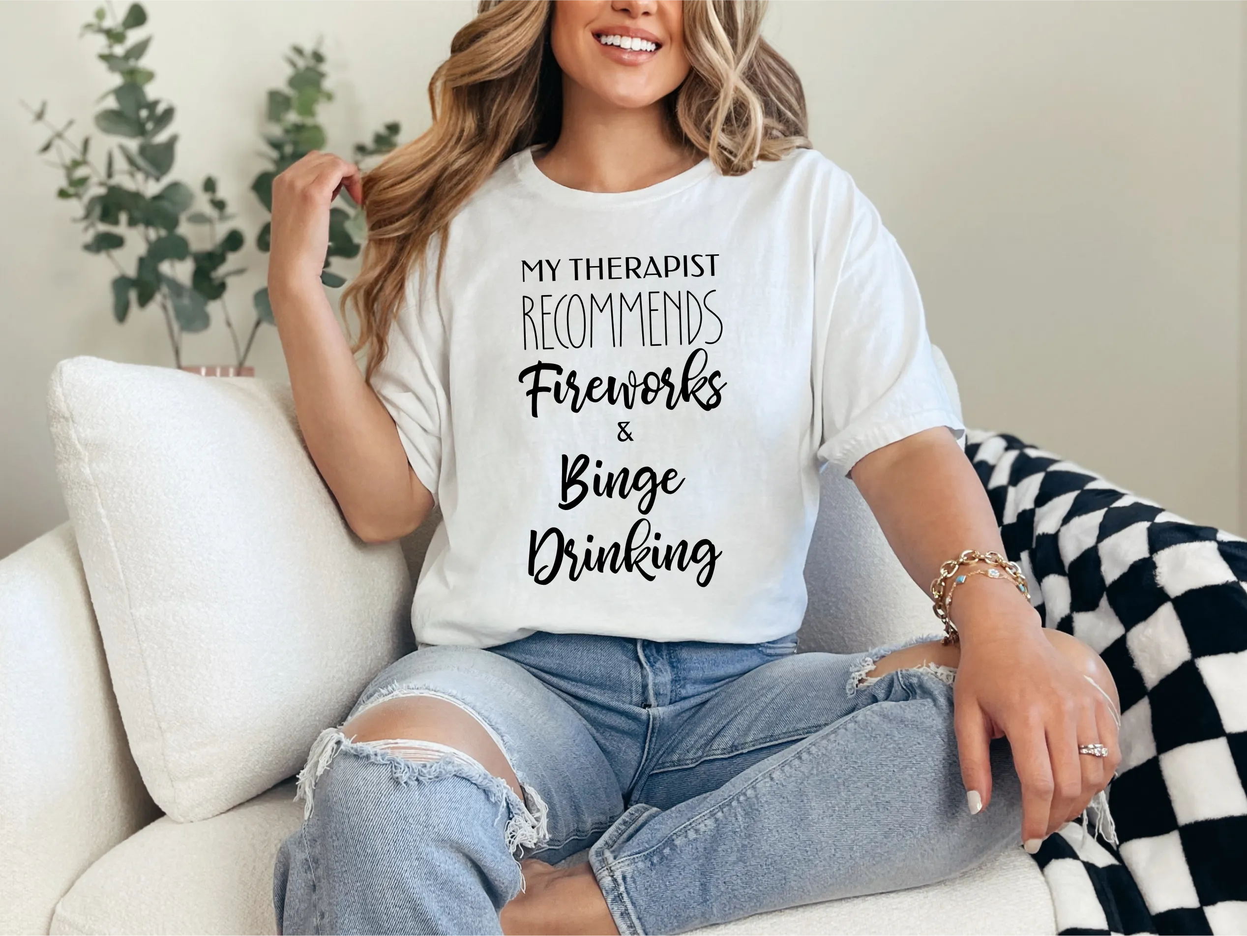 My Therapist Recommends Fireworks and Binge Drinking Cotton Unisex Funny T-Shirt