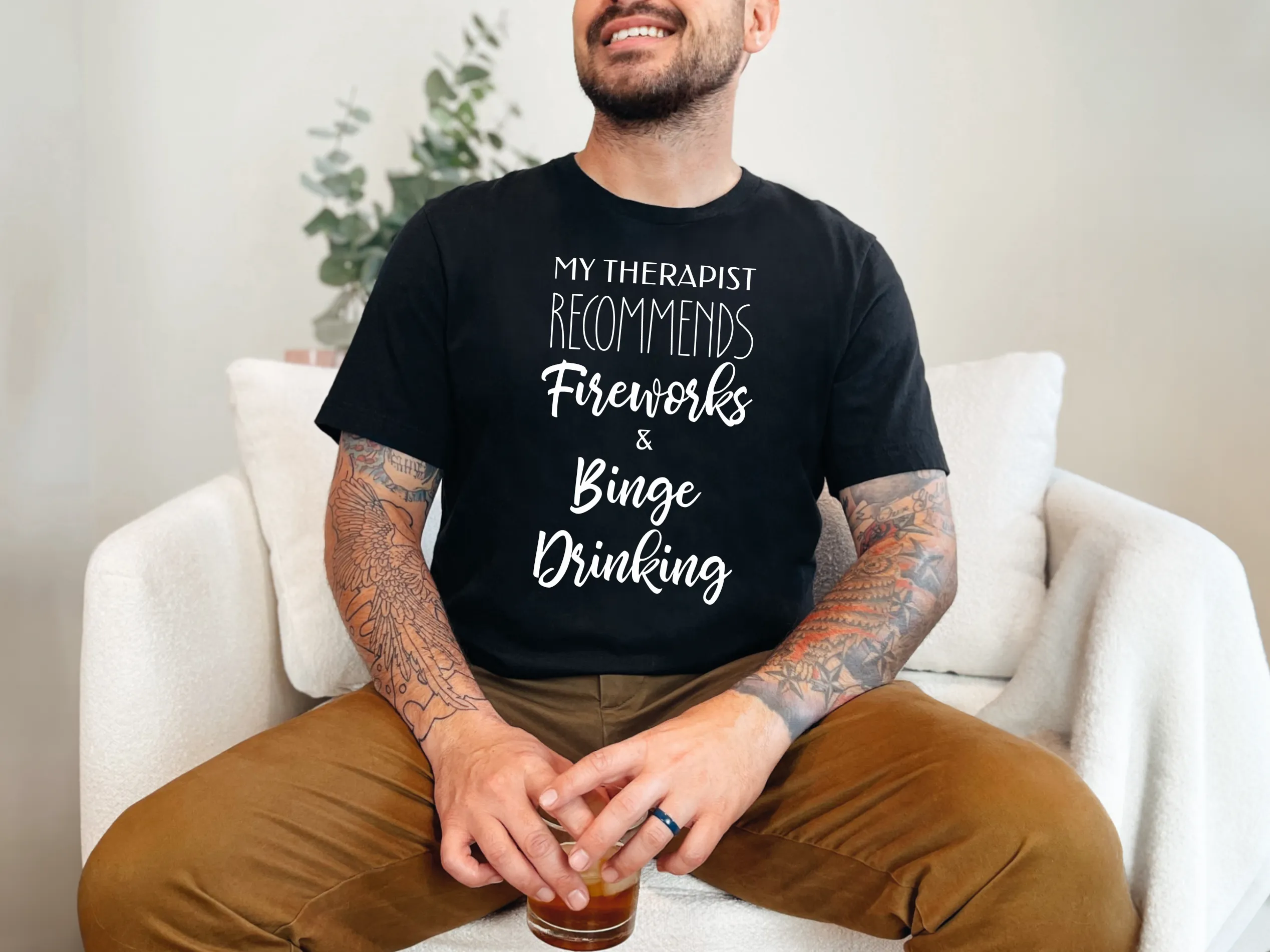 My Therapist Recommends Fireworks and Binge Drinking Cotton Unisex Funny T-Shirt