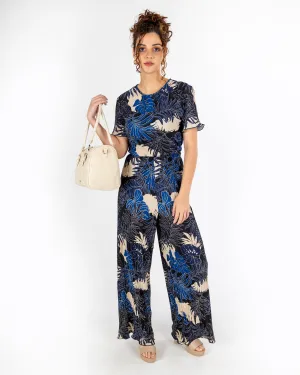 Navy Print Plisse Pants