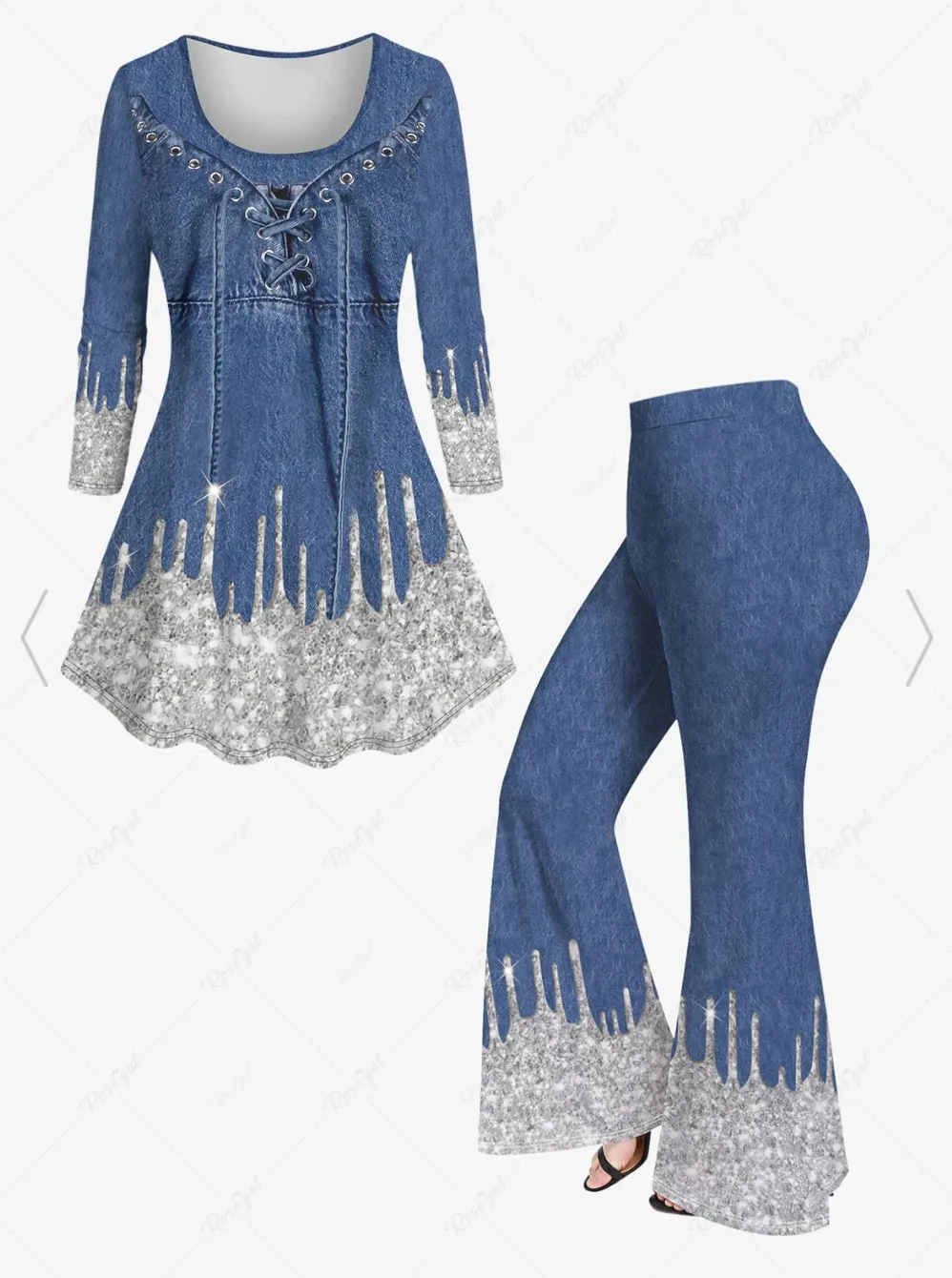 New Grommets Lace Up Sparkling Sequin Paint Drops Denim Look 3D Print Matching Set Sz XL