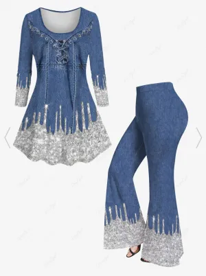 New Grommets Lace Up Sparkling Sequin Paint Drops Denim Look 3D Print Matching Set Sz XL