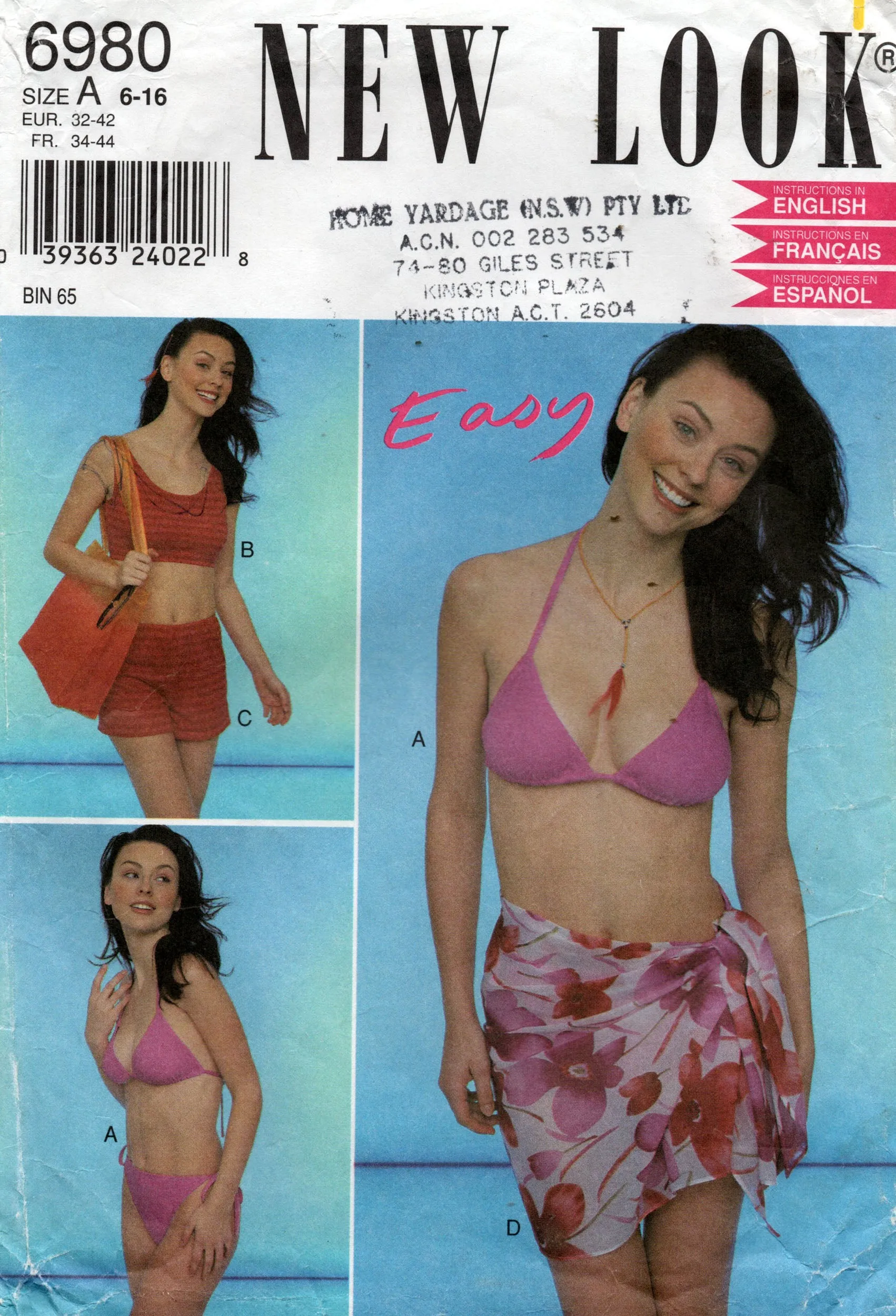 New Look 6980 Womens EASY Stretch Bikini Crop Top Shorts & Sarong Wrap Out Of Print Sewing Pattern Size 6 - 16