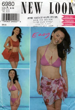New Look 6980 Womens EASY Stretch Bikini Crop Top Shorts & Sarong Wrap Out Of Print Sewing Pattern Size 6 - 16