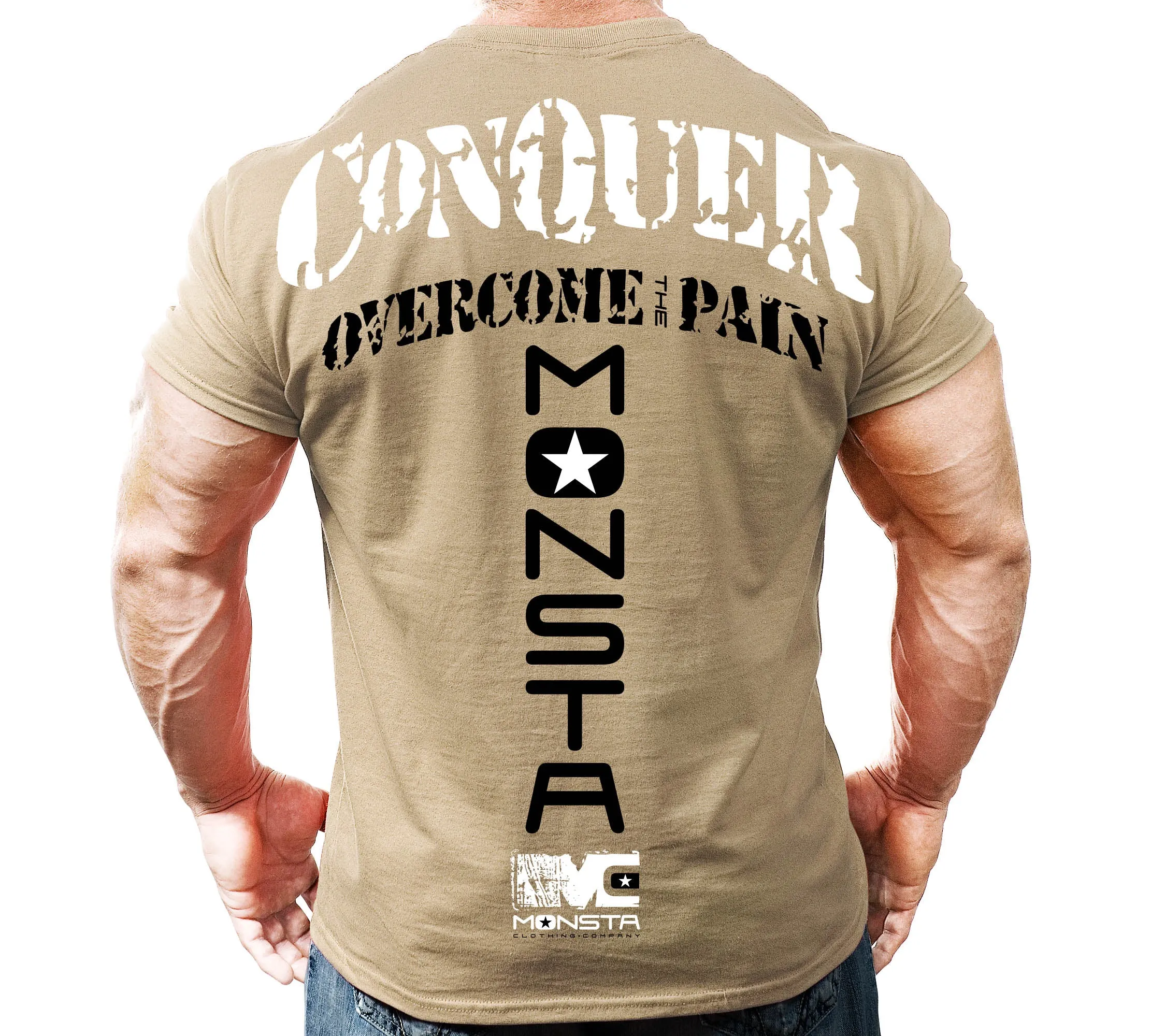 NEW Mens Graphic Tee MONSTA Bodybuilding Wear OVERCOME PAIN TShirt Gym Clothing