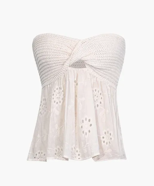 NEW Micas Knot Front Knit Embroidered Tube Top, Cream, Sz M