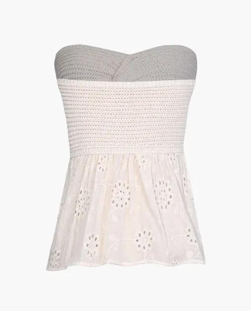 NEW Micas Knot Front Knit Embroidered Tube Top, Cream, Sz M