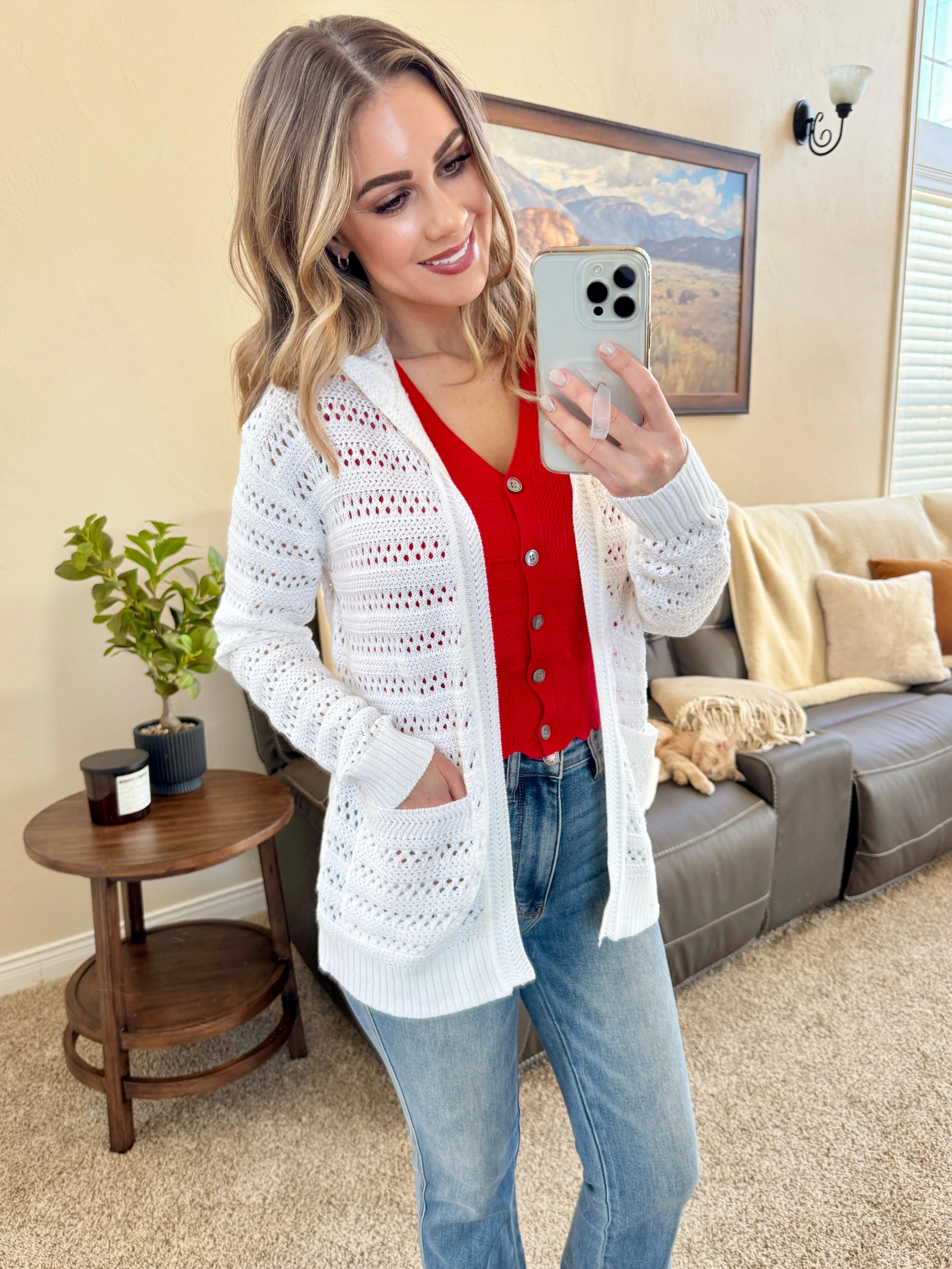 Open Front Hooded Cardigan In White