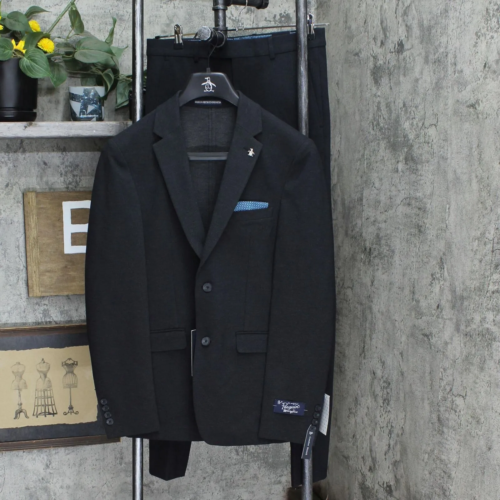 Original Penguin Munsingwear Comfort Stretch Skinny Suit Black Pindot 38R 31W