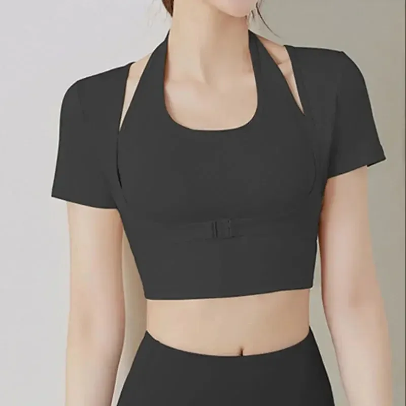 Padded Gym Shirts Long Sleeve Women Yoga Shirts  Two Pieces Fitness Tops with Under bust wired Sexy Workout Top