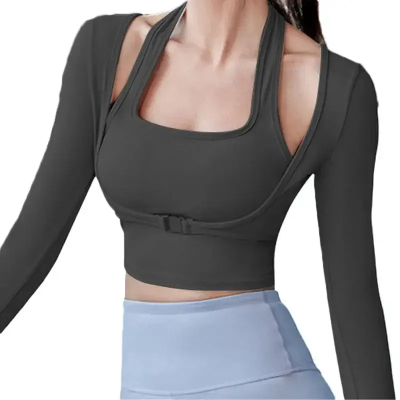 Padded Gym Shirts Long Sleeve Women Yoga Shirts  Two Pieces Fitness Tops with Under bust wired Sexy Workout Top