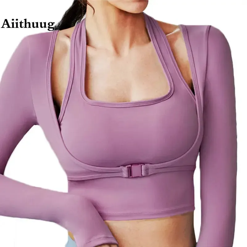 Padded Gym Shirts Long Sleeve Women Yoga Shirts  Two Pieces Fitness Tops with Under bust wired Sexy Workout Top