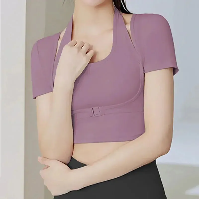 Padded Gym Shirts Long Sleeve Women Yoga Shirts  Two Pieces Fitness Tops with Under bust wired Sexy Workout Top