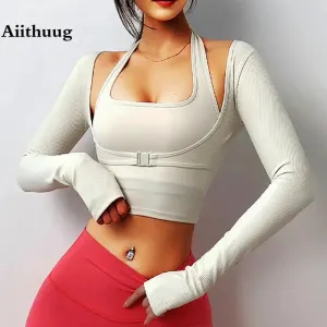 Padded Gym Shirts Long Sleeve Women Yoga Shirts  Two Pieces Fitness Tops with Under bust wired Sexy Workout Top