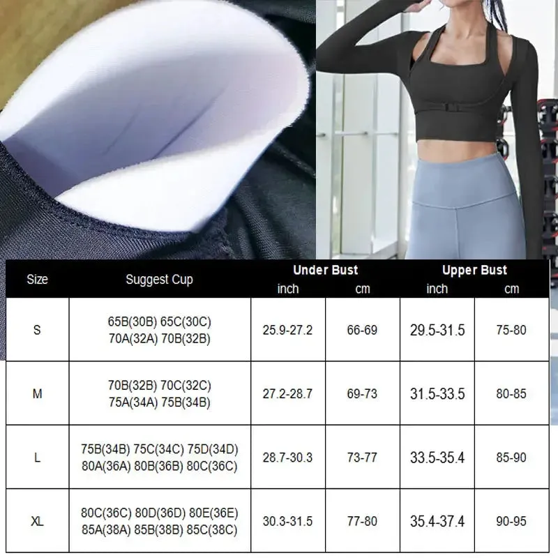 Padded Gym Shirts Long Sleeve Women Yoga Shirts  Two Pieces Fitness Tops with Under bust wired Sexy Workout Top