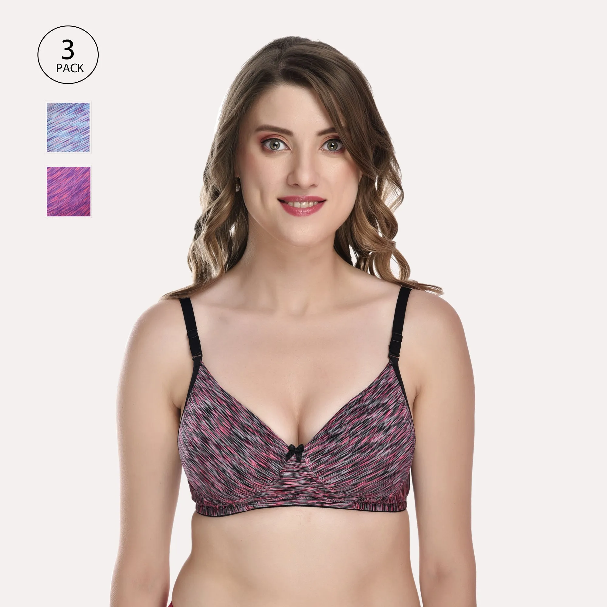 Purple & Blue Pack Of 3 Rapid Dry Abstract Bra Lightly Padded