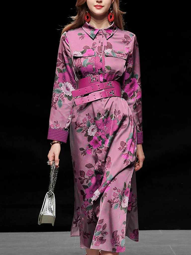 Purple Floral Print Long Sleeve 1940S Vintage Shirt Dress