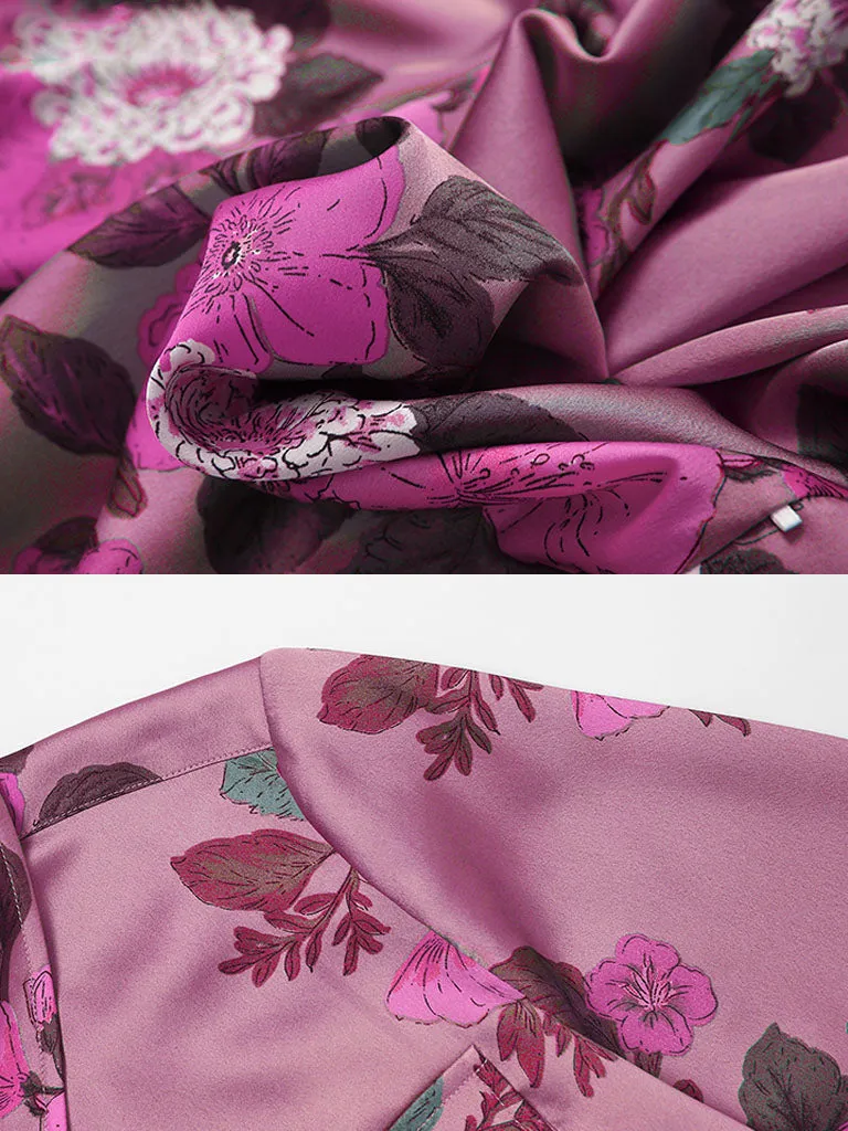 Purple Floral Print Long Sleeve 1940S Vintage Shirt Dress